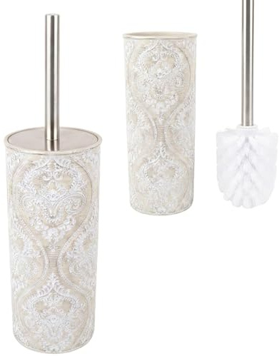 Kook Time Scopino Bagno con Porta Scopino Chiuso Serie DAMASK - Manico in Acciaio Inox - Supporto in Poliresina Motivo Floreale - Crema Opaco