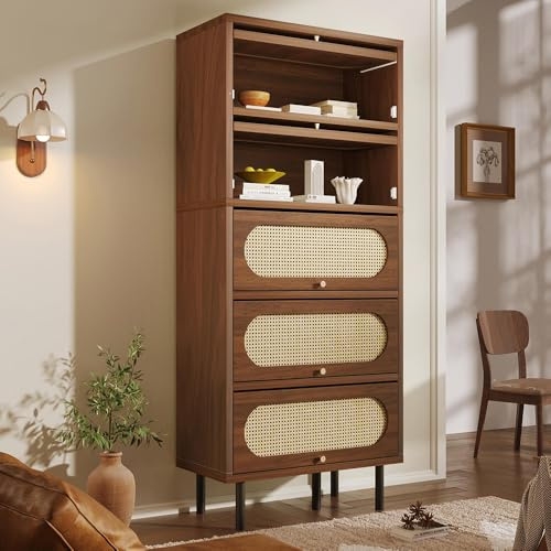 Sweiko Meuble d'appoint en Noyer avec Bordure en rotin, 80 x 40 x 163 cm, Meuble Haut à Cinq Portes, Commode en Bois avec Pieds métalliques, idéal pour Le Salon, Le Couloir et la Cuisine
