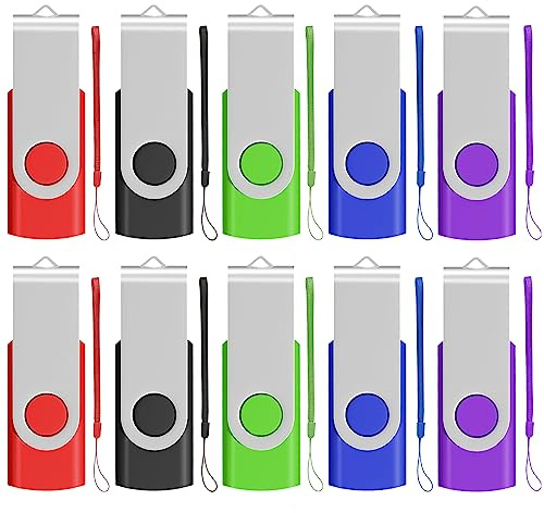 AreTop USB Stick 16GB 10 Stück, 360° drehbar USB 2.0, 10 Farben | USB 2.0 Plug-and-Play, kompatibel mit PC/Laptop/Tablet/Auto/TV/Spielekonsole, inklusive 10 Lanyards