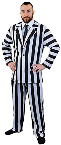 Mens Striped Suit Halloween Costume - XX-Large - Black & White Striped Suit Jacket & Trousers, Attached Shirt Front, Black Tie - Adults Scary TV Movie Icon Halloween Fancy Dress Costume