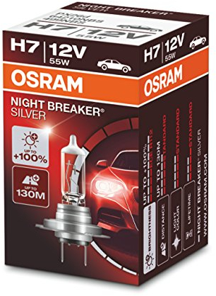 OSRAM NIGHT BREAKER SILVER H7, +100% more brightness, halogen headlamp, 64210NBS, 12V, passenger car, folding box (1 lamp)