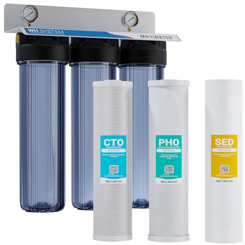 Max Water 3 Stage Whole House Water Filter System with Sediment + Phosphate Anti Scale (PHO) + CTO Chlorine Reduction Filter - 1 Inlet/Outlet, Pressure Gauges, Wrench, Bracket