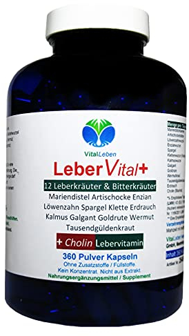 LEBER Vital 12 Kräuter & Bitterstoffe + Lebervitamin CHOLIN 360 Leberkapseln - Müllabfuhr in DEINEM Körper mit Löwenzahn, Artischocken, Mariendistel…NATUR pur - OHNE ZUSATZSTOFFE. 26454-360
