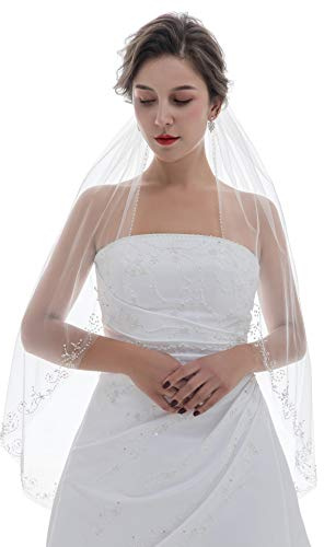 SAMKY 1 Etagen Blumenrankenblatt Kristall Perlen Brautschmuck Hochzeit Schleier - Elfenbein - Fingertip Länge 91 cm