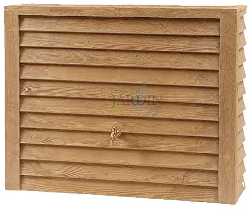 Polyethylen-Tank mit 350 Litern. Wandoptik in Braunholz. Inklusive Wasserhahn. Abmessungen: Breite 124 cm, Tiefe 40 cm, Höhe 100 cm.