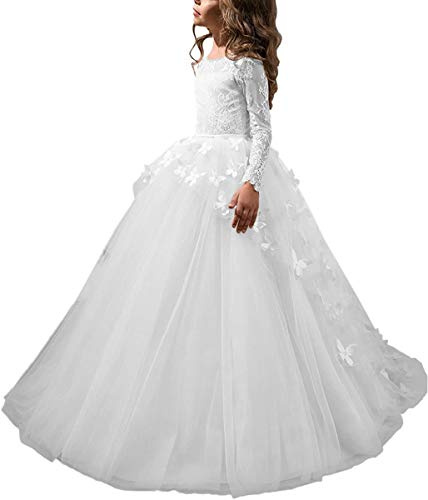Aibaowedding Schöne Mädchen Langarm Bestickte Festzug Ballkleid Kinder Geburtstagsfeier Prinzessin Kleid(Weiß,8-9Y)