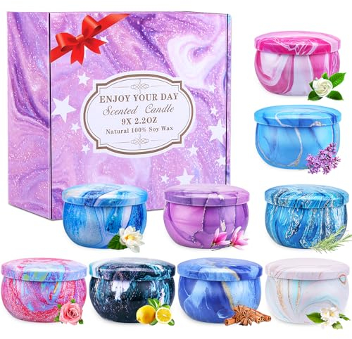 VICBAY Duftkerzen Set, 9 Stück Dufted Kerzen GeschenkeSet mit Deckel, 180Std Brenndauer aus Sojawachs, Tragbare Reise Zinnkerzen für Stressabbau, Geburtstag Weihnachten Gift für Familie, Frauen