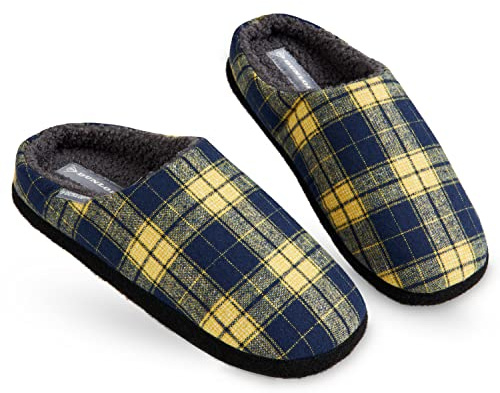 DUNLOP Ciabatte Uomo, Comode Pantofole Invernali Calde Memory Foam, Taglia 41-46, Idea Regalo Compleanno, Ciabatta Da Casa Con Pelo, Originali Babbucce Uomo (Navy/Senape, numeric_44)