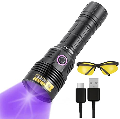 ALONEFIRE SV47 12W 365nm UV Flashlight USB C Rechargeable Long Range Black Light Pet Urine Detector for Resin Curing, Fishing, Scorpion, Minerals, Bed Bugs, Leaks with UV Protective Glasses, Battery