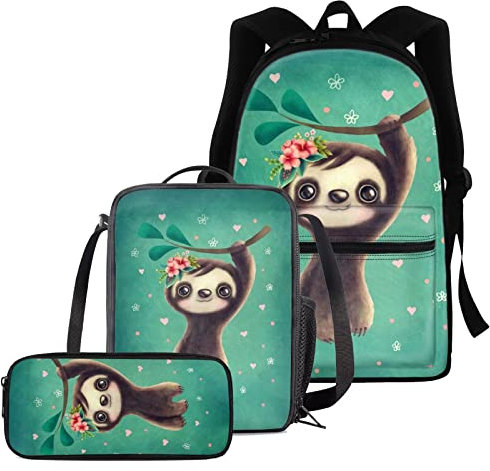 chaqlin Lustiger Faultier-Rucksack für Jungen Mädchen, Faultier-Geschenke, Schulranzen-Set, Kinder, süße Schulbücher, Reiserucksack, Thermo-Lunchbox, Federmäppchen, 3-teiliges Set
