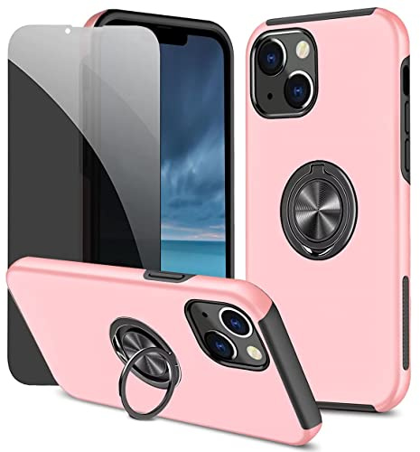 Dechyi Anti-spy Phone Case for iPhone 13 Mini (5.4) cover with Privacy Screen Protector with Ring Holder Shock Resistant Scratch Resistant PC Silicone Heavy Duty Protective Case-pink