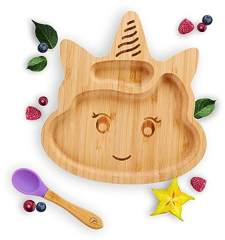 Kleiner Fuchs Assiette en bambou de qualité supérieure avec ventouse, ventouse antidérapante avec cuillère pour bébé assortie, pour des repas amusants, ensemble de vaisselle en bambou avec boîte