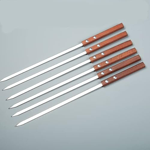 Brochetas para barbacoa de acero inoxidable, brochetas para barbacoa planas de 6 piezas de acero inoxidable, brochetas para kebab extra largas de 60 cm, con mango de madera, brochetas reutilizables