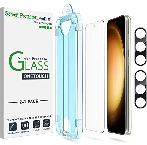 amFilm Auto-Alignment OneTouch für Samsung Galaxy S23 Plus 5G Schutzfolie | Härte 9H mit Kameraobjektivschutz aus Gehärtetem Glas, Einfachste Installation und Blasenfrei 2+2 Stück