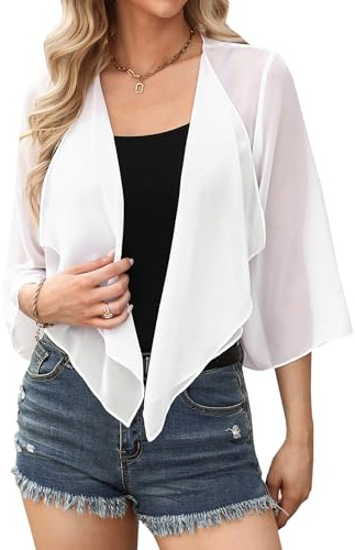 Aottori Coprispalle Donna Chiffon Elegante Bolero Maniche 3/4 Cardigan Estivo Corto Giacca Trasparente Leggero per Cerimonia Festiva Bianco L