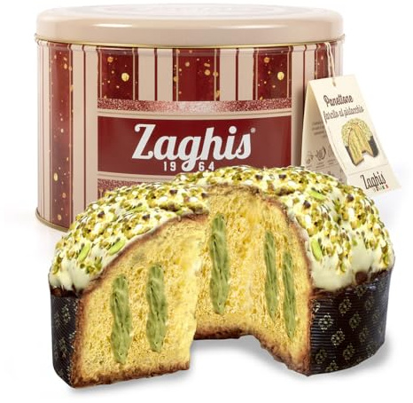 ZAGHIS Panettone Artigianale Pistacchio 800g,Con Cremosa Crema di Pistacchio e Granella Tostata, Cioccolato Bianco e Lievito Madre, confezionato in Latta Vintage