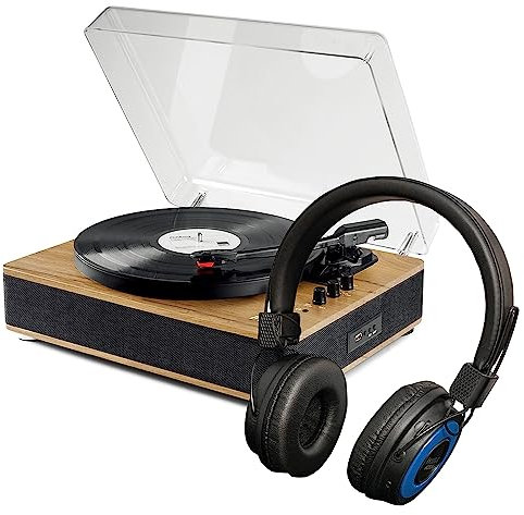 Fenton RP162LW Bluetooth Vinyl Record Player with Wireless Headphones, Built-in Stereo Speakers, USB Vinyl to MP3 Conversion, Bluetooth Transmitter Output, Light Wood Finish