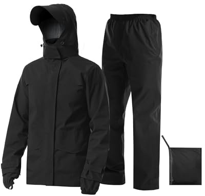 iCreek Rain Suit Waterproof Jacket with Pants 2 Pieces Breathable Lightweight Packable Raincoat with Hooded Rain Gear Unisex（M, Black）