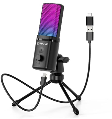 FDUCE Kondensatormikrofon mit Stativ, Lautstärkeregelung und Stummschaltfunktion, kompatibel mit PC, Laptop, für Spiele, Podcasting, Streaming, YouTube