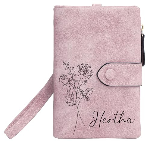 Chrifansi Portefeuille de personnalisé en cuir compact avec porte-cartes avec poche zippée - Cadeaux personnalisés pour femmes et filles - Nom et mois de naissance des fleurs, rose,