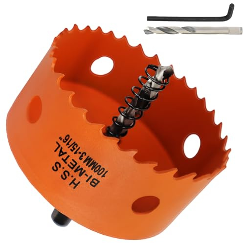 Scie cloche 100 mm HSS bi-métal - Foret bois avec tige hexagonale et foret - Fraise cloche universelle pour bois, contreplaqué, plastique, cloison sèche, fine - Avec 1 foret de rechange