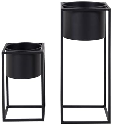 Dezain® Home - Übertöpfe Marla aus Metall - 2er Set mit Gestell in Schwarz | Pflanzkübel aus Metall für Kräuter, Blumen & Pflanzen, Blumentopf im filigranen Design – dekorative Übertöpfe für Zuhause