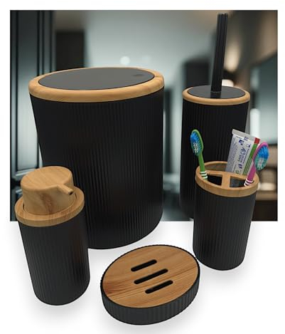 Badezimmer Zubehör Set 5-teilig – Schwarze Riffeloptik: Seifenspender, Zahnbürstenhalter, Seifenschale, WC-Bürste & Kosmetikeimer – Dursed