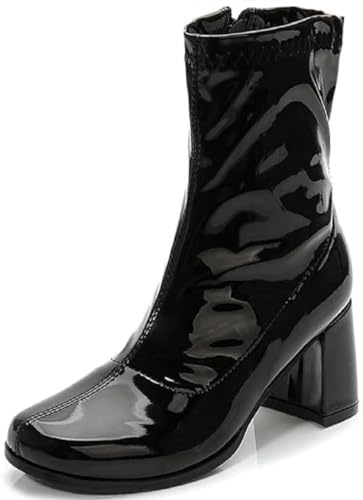 Golden Beads Women's Mid-Calf Block Heel Zipper Boots | Go Go Boots | Ankle Boots with Low Block Heel | Short Boots Shoes (Black Patent, UK Footwear Size System, Adult, Women, Numeric, Medium, 5)