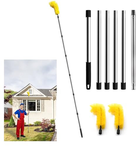 Gutter Cleaning Tools, 8.2 feet Long Gutter Cleaning Tools with 6 Stainless Steel Tubes and 2 Brushes, Gutter Cleaner Ability for Roof Leaves and Debris-Yellow