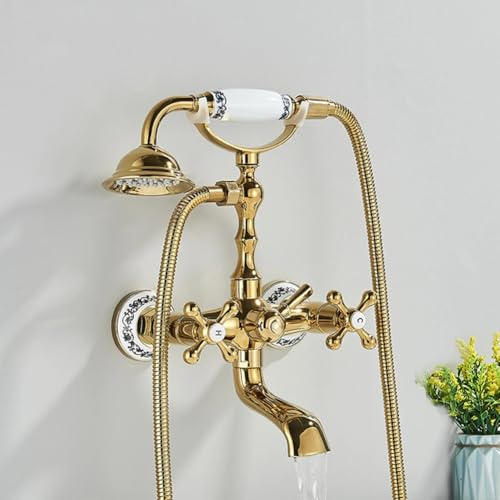 Badewannenarmatur Badewanne Wasserhahn Retro Vintage Stil Messing Wandmontage Zwei Griffe Wannenbatterie Badewannen Armatur Mit Handbrause Badewanne Mischbatterie Duscharmatur, Gold