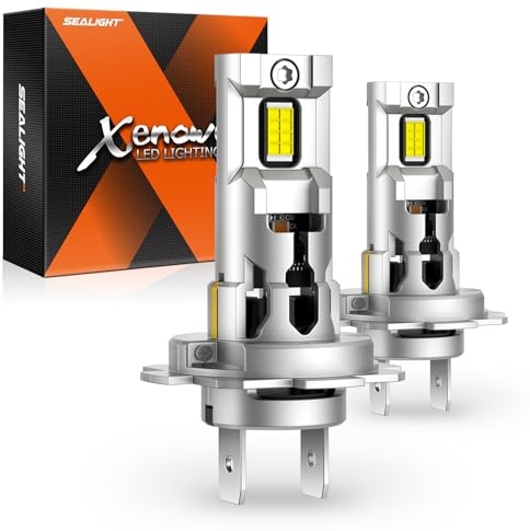 SEALIGHT H7 LED Lampadina per fari 26000 lumen, 100W 700% super luminosità 6500K bianco freddo, formato mini 1:1, sostituzione alogena ad alto fascio basso, plug and play, IP67, confezione da 2 (H7)