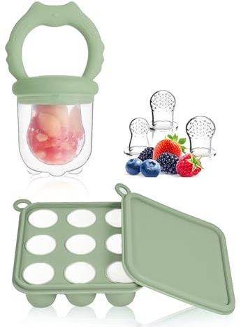 WeSweet Mangiatoia per frutta per bambini, stampi in silicone per ghiaccioli con 3 ciucci extra, per sollievo dalla dentizione e alimentazione automatica del bambino (gatto verde)