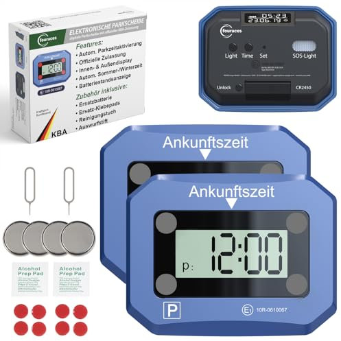 fouraces 2X elektronische Parkscheibe - mit Ersatz Batterie, automatisch Sommer/Winterzeit, Zulassung des Kraftfahrtbundesamtes - automatische Parkuhr fürs Auto, blau, Digitale Park Uhr