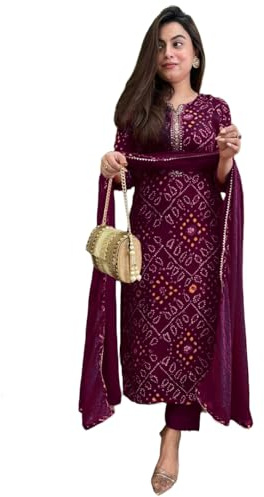 GoSriKi Women's Rayon Blend Straight Bandhej Printed Kurta with Pant & Dupatta, Wine, M