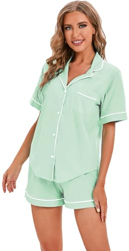 LUBOT Pyjama Femme Coton 100% ete, Pyjama à Manches Courtes, Pyjama Deux pièces pour Femme, vêtements de Nuit, vêtements de détente, tricotés & Haute élasticité, Vert Clair, L