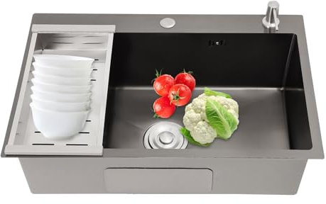 Fregadero de cocina rectangular de acero inoxidable, 68 x 45 cm, con escurridor, escurridor y dispensador de jabón, lavabo con 3 agujeros para grifo
