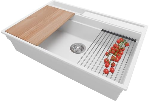 PRIMAGRAN Fregadero Cocina Blanco 78x53cm, Granito 1 Seno + Sifón + Accesorios, Sobre encimera al mueble 80cm - Oslo Pocket S342