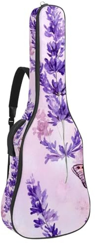 Gitarrentasche für Akustikgitarre mit violettem Blumenmuster, Lavendel und violette Schmetterlinge, dick gepolstert, wasserdicht, für 40 / 41 / 42 Zoll Gitarren, Mehrfarbig 02, 42.9x16.9x4.7 in,