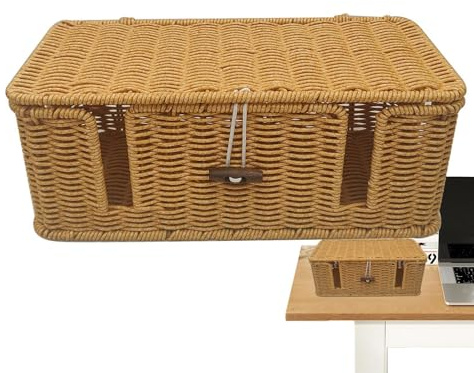 Tuxxjzm Grande boîte de rangement pour câbles tissés à la main | 4 emplacements ouverts en imitation rotin pour la gestion des câbles électriques, les fils de bureau et les câbles de sol