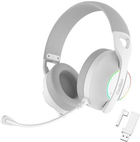 CoolBox WB01 Casque de Gaming sans Fil avec Microphone Amovible pour PS5, PS4, Switch, PC. Connexion sans Fil 2,4 GHz avec Adaptateur USB et Bluetooth 5.4, 20h d'autonomie, Charge USB-C en 2h. Blanc