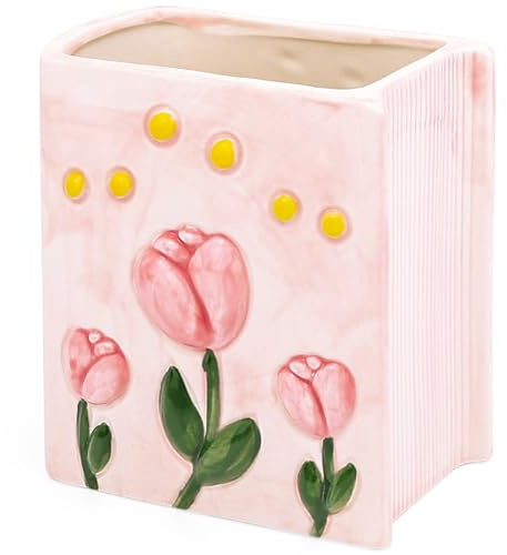 Busnos Stiftehalter Cute Buch-Blumenvase Pinselhalter Tulpen Schreibtischdeko Kawaii Geschenk für Frauen Geburtstag Pen Holder Rosa Vasen Schreibtisch Stifte Organizer Aesthetic für Mädchen