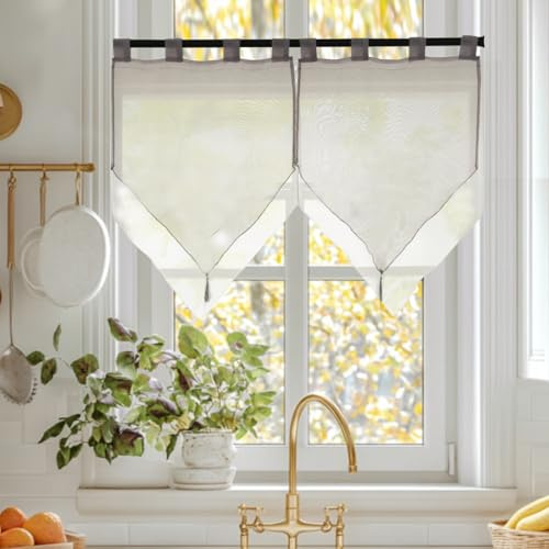 HiSnug Curtain 2er Set Doppelfarbig mit Quasten Voile Bistrogardinen B45 x H90 cm, Doppelschicht Kurzstore mit Schlaufen（Grau/Weiß）