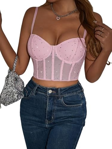 Sukiglam Korsett Dam Glittrande Bodysuit Spets Toppar Elegant Sommar Linne Med Justerbara Tunna Axelremmar Sexig Slim Fit Bustier Ärmlös Mesh Kort Mesh Crop Toppar Klubbar, Rosenröd, XS
