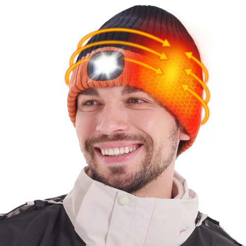 WOOMER Beheizbare Mütze mit Abnehmbarer LED-Taschenlampe, 3 Heizstufen, 5V 4000mAh Akku - Beheizte Beanie für Herren & Damen - Heizmütze für Nachtwandern Angeln Wintercamping Radfahren Skifahren