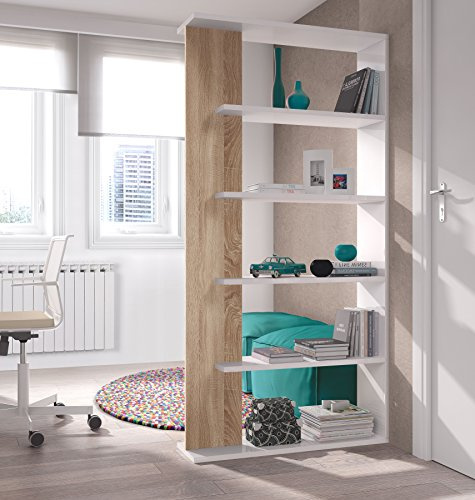 Bricozone Libreria Moderna Con 5 Vani E 6 Ripiani In Melaminico Da 180 Cm Libreria A Parete O Divisoria Per Soggiorno Camera O Ufficio Design Minimalista Robusta Facile Da Montare (Bianco e Rovere)