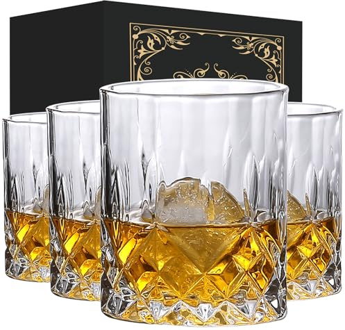 AODEYU Whiskey Glasses Set of 4, Lead-Free Crystal Rocks glass, 10 Oz Old-Fashioned, Rum & Scotch Glasses, Frozen Crystal Chills Cocktails, Personalised Whisky Glass Gift Set for Men,Dad,Brother