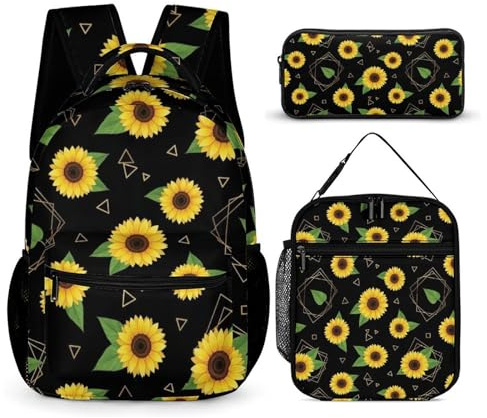 peiyeety Mochila ligera con lonchera, bolsa de maquillaje, mochila, lonchera y bolsa de almacenamiento (girasol floral (11))