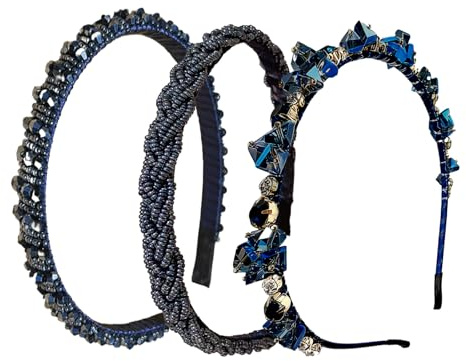 3PCS Retro Strass Haarreifen für Damen, Kristall Perlen Haarband Glitzer Stirnbänder Dunkelblau Rutschfest, Trachten Haarschmuck, Dirndl Accessoire für Hochzeit, Kommunion, Oktoberfest, Party