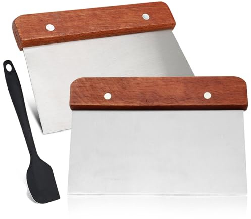 2Pcs Dough Scraper Cutter, Wooden Handle Dough Cutter and Food Grade Stainless Steel Blade, Pastry Cutter-Scraper, Multipurpose Kitchen Scraper for Pizza, Bread, Pastry, Cake Baking