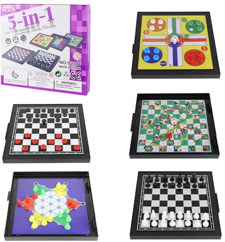 Erzekrim 5-in-1 Magnetisches Reisespiele Set, Klappbares Brettspiel mit Schach und Schlangen & Leitern, Tragbare Multifunktionale Spielesammlung (5 in 1)